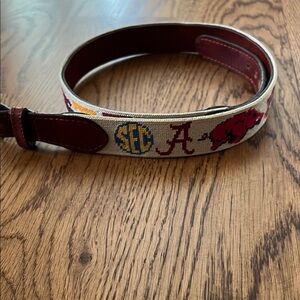 Brown and Cream Leather Belt with Decorative Elements